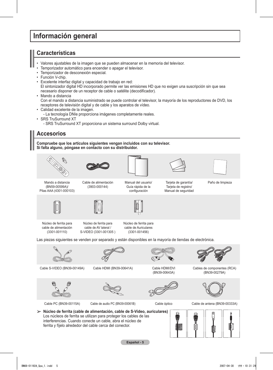 Información general, Características, Accesorios | Samsung HPT4234X-XAA User Manual | Page 73 / 136