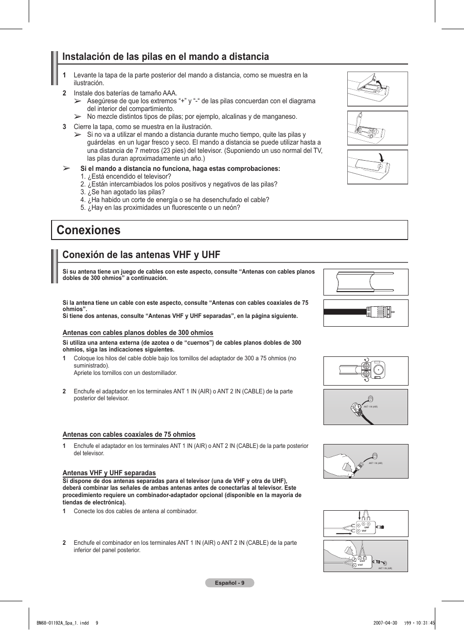 Conexiones, Conexión de las antenas vhf y uhf, Instalación de las pilas en el mando a distancia | Samsung HPT4234X-XAA User Manual | Page 77 / 136