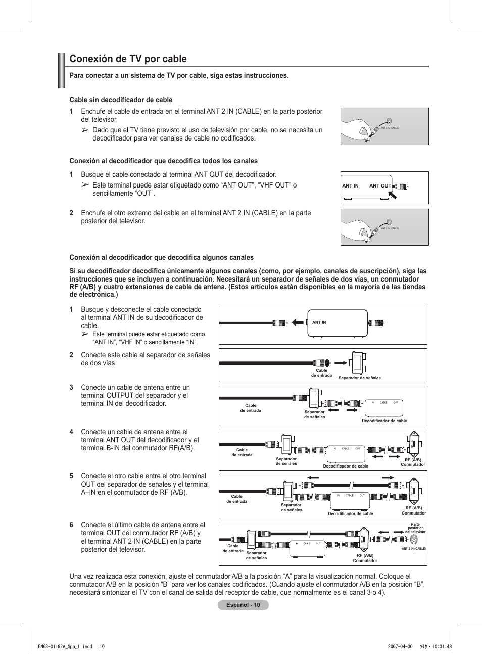 Conexión de tv por cable | Samsung HPT4234X-XAA User Manual | Page 78 / 136