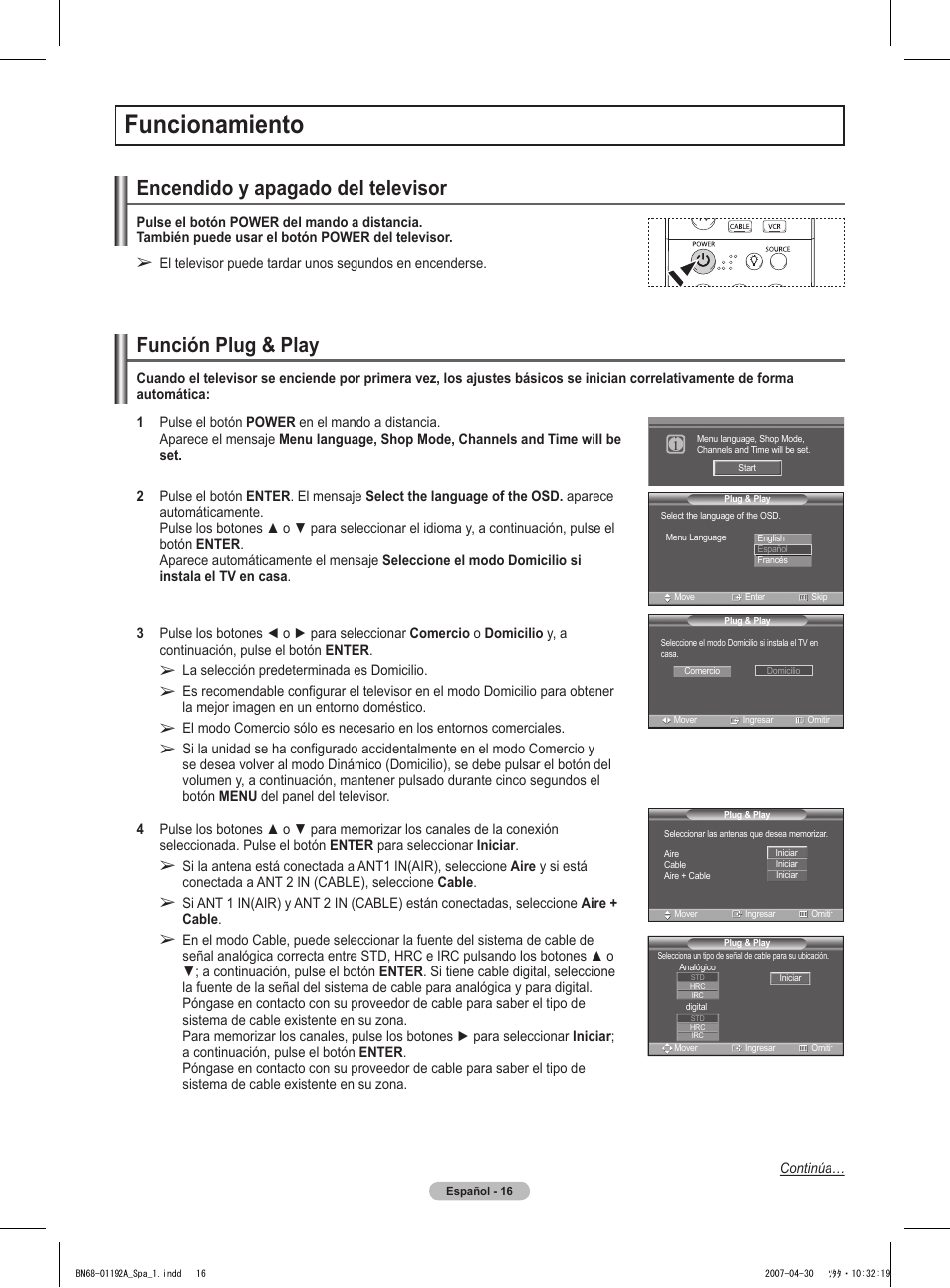 Funcionamiento, Encendido y apagado del televisor, Función plug & play | Samsung HPT4234X-XAA User Manual | Page 84 / 136