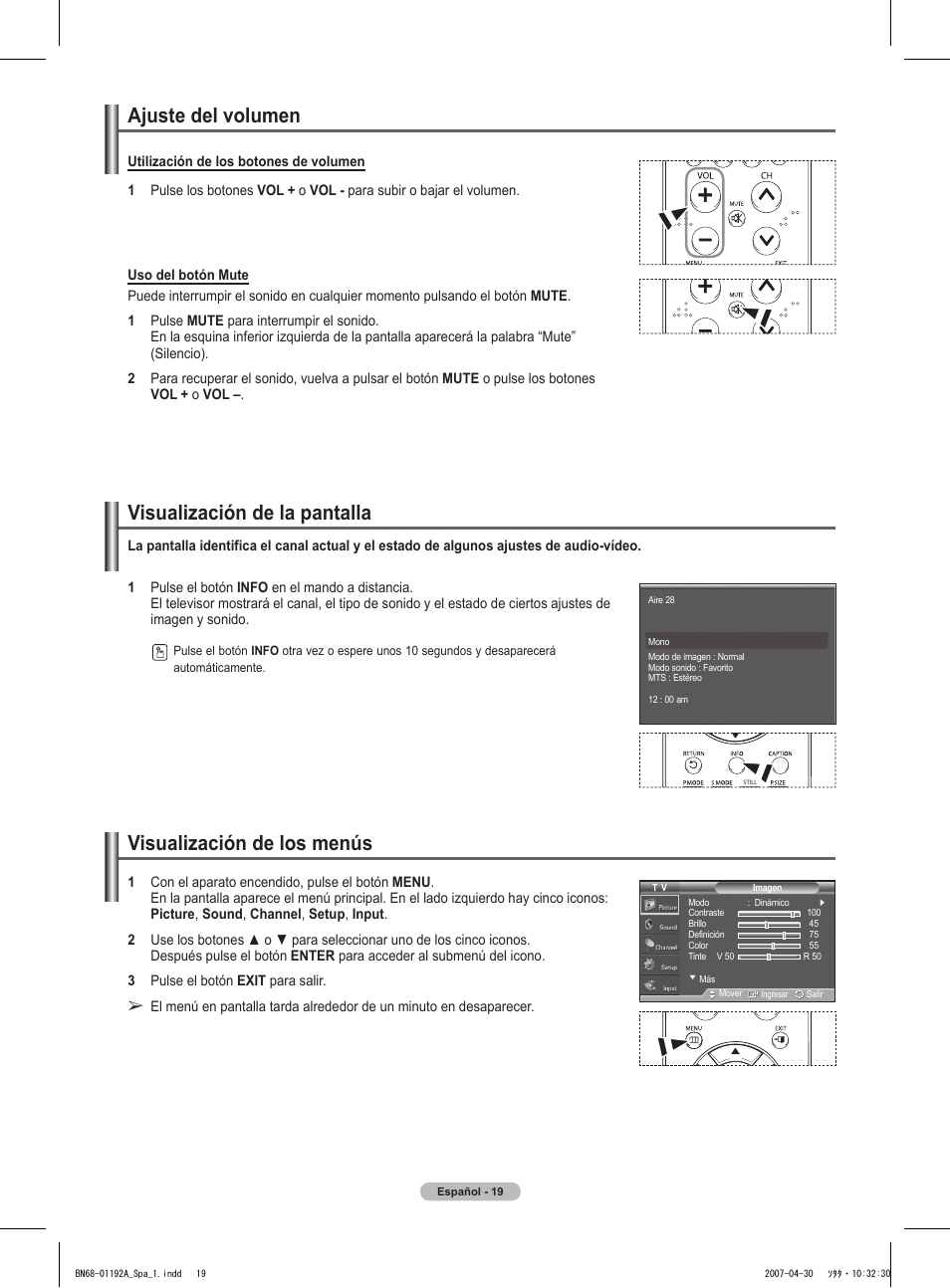 Ajuste del volumen, Visualización de la pantalla, Visualización de los menús | Samsung HPT4234X-XAA User Manual | Page 87 / 136
