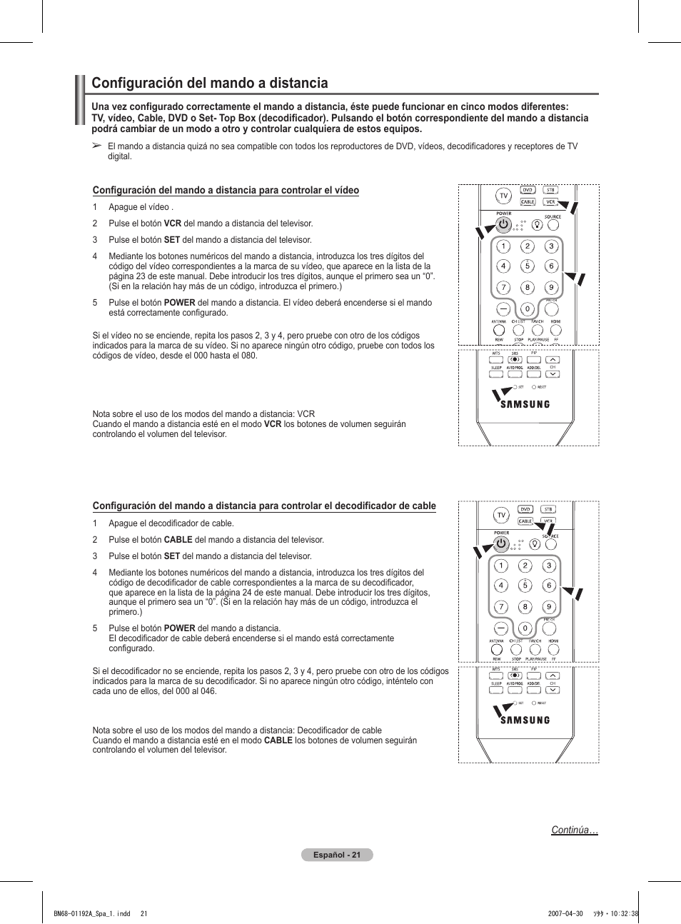 Configuración del mando a distancia | Samsung HPT4234X-XAA User Manual | Page 89 / 136