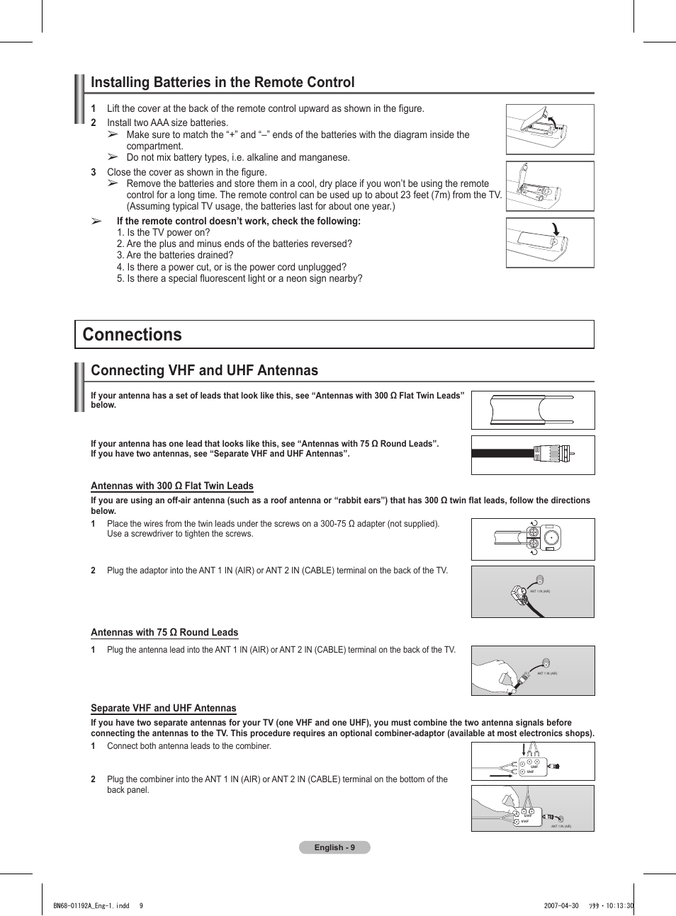 Installing batteries in the remote control, Connections, Connecting vhf and uhf antennas | Samsung HPT4234X-XAA User Manual | Page 9 / 136