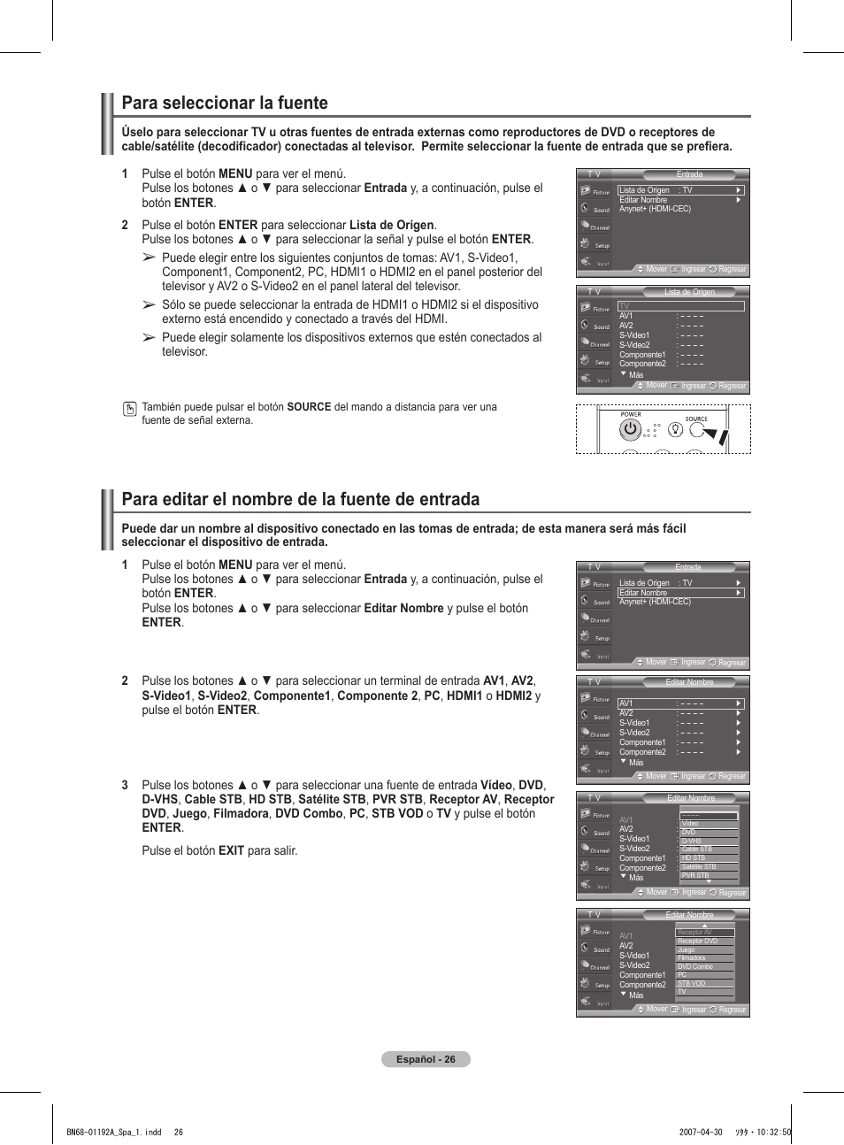 Para seleccionar la fuente, Para editar el nombre de la fuente de entrada | Samsung HPT4234X-XAA User Manual | Page 94 / 136