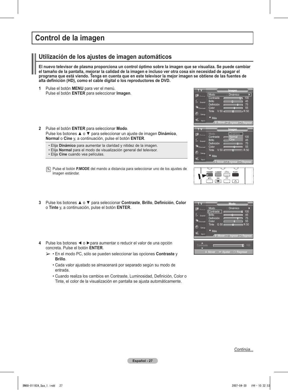 Control de la imagen, Utilización de los ajustes de imagen automáticos | Samsung HPT4234X-XAA User Manual | Page 95 / 136