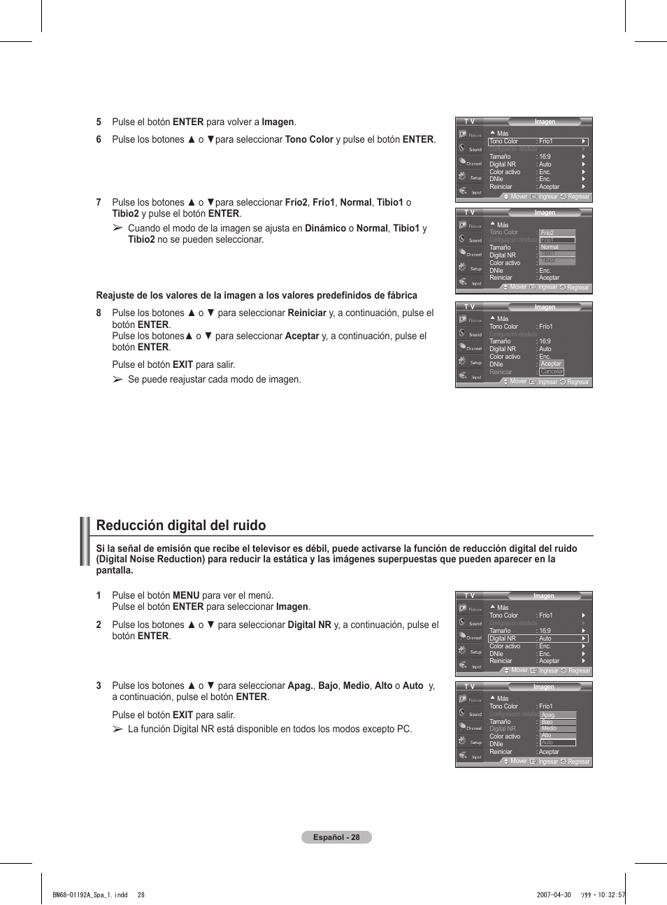 Reducción digital del ruido, Se puede reajustar cada modo de imagen | Samsung HPT4234X-XAA User Manual | Page 96 / 136