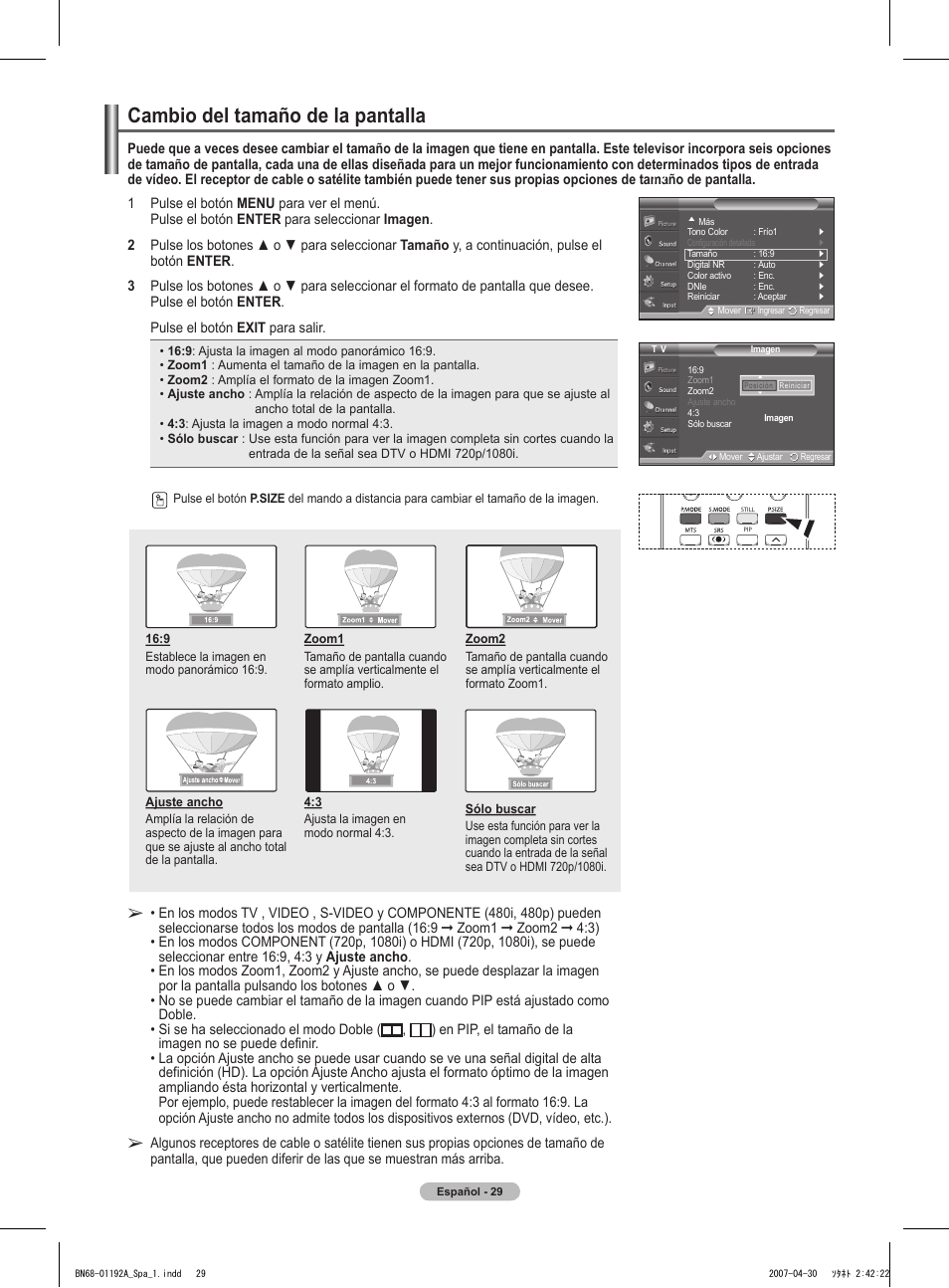Cambio del tamaño de la pantalla | Samsung HPT4234X-XAA User Manual | Page 97 / 136
