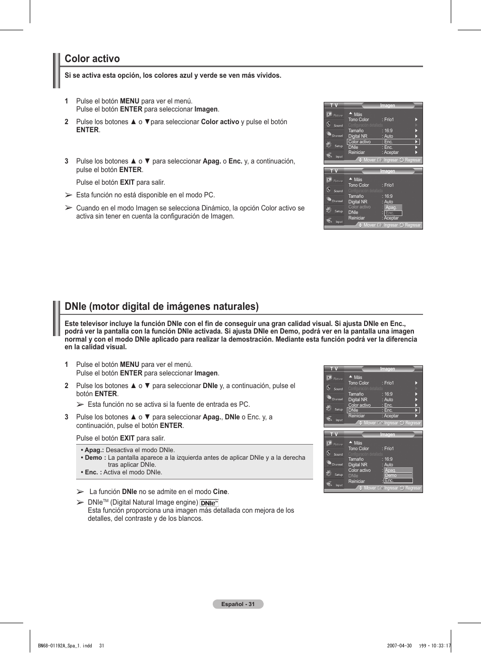Color activo, Dnie (motor digital de imágenes naturales) | Samsung HPT4234X-XAA User Manual | Page 99 / 136