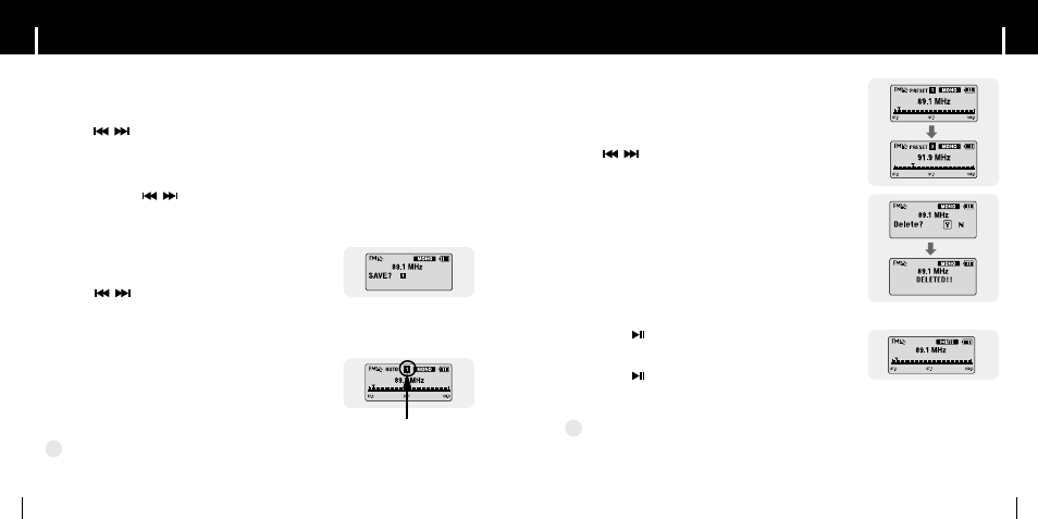 Listening to fm radio, Imanual search for a frequency, Imanual storage of a frequency | Iautomatic search for a frequency, Iautomatic storage of a frequency, Imute function | Samsung YP-C1H-CHN User Manual | Page 15 / 28