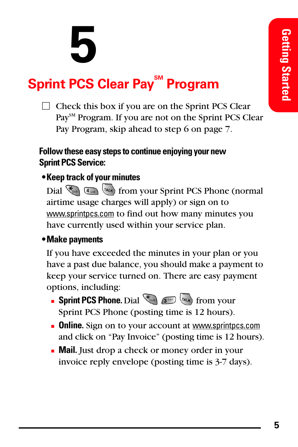 Sprint pcs clear pay, Program, Getting started | Samsung SPH-A740DSSXAR User Manual | Page 13 / 94