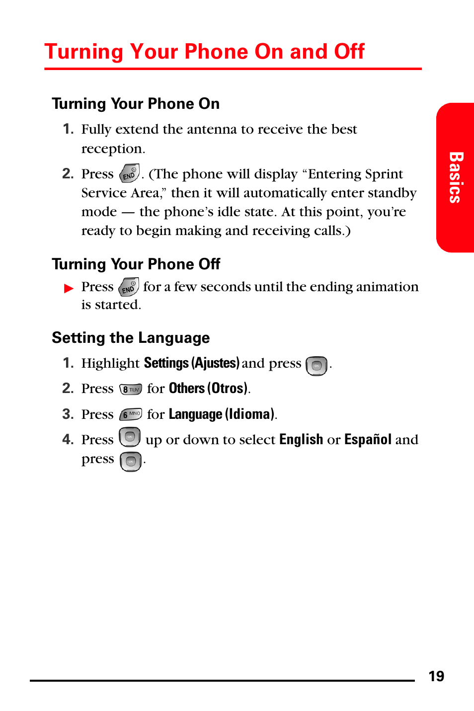 Turning your phone on, Turning your phone off, Setting the language | Turning your phone on and off, Basics | Samsung SPH-A740DSSXAR User Manual | Page 27 / 94