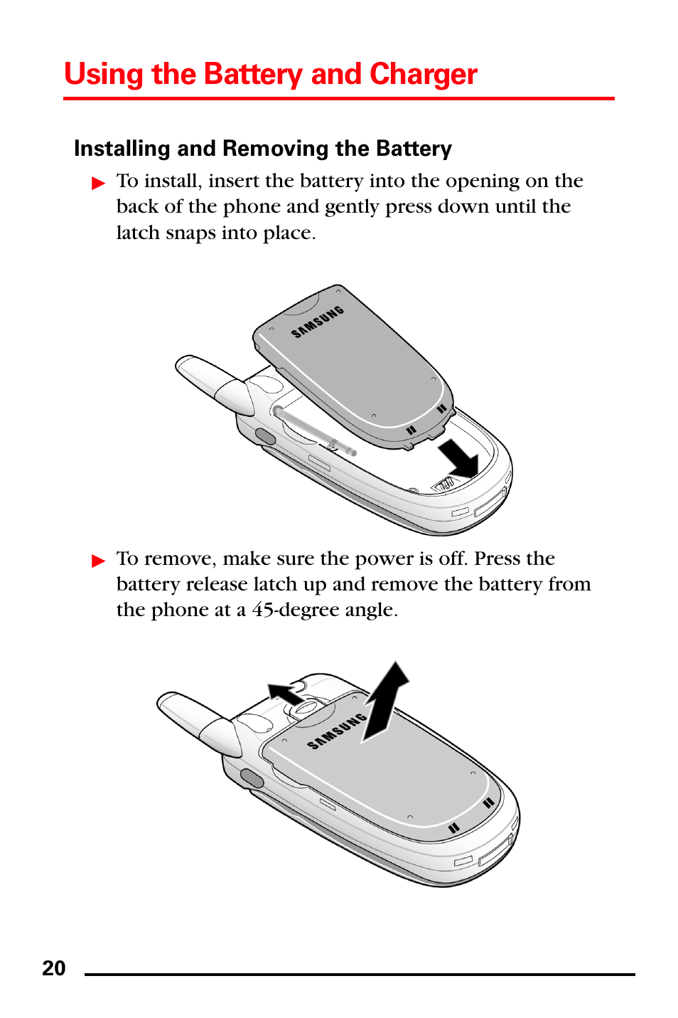 Installing and removing the battery, Using the battery and charger | Samsung SPH-A740DSSXAR User Manual | Page 28 / 94