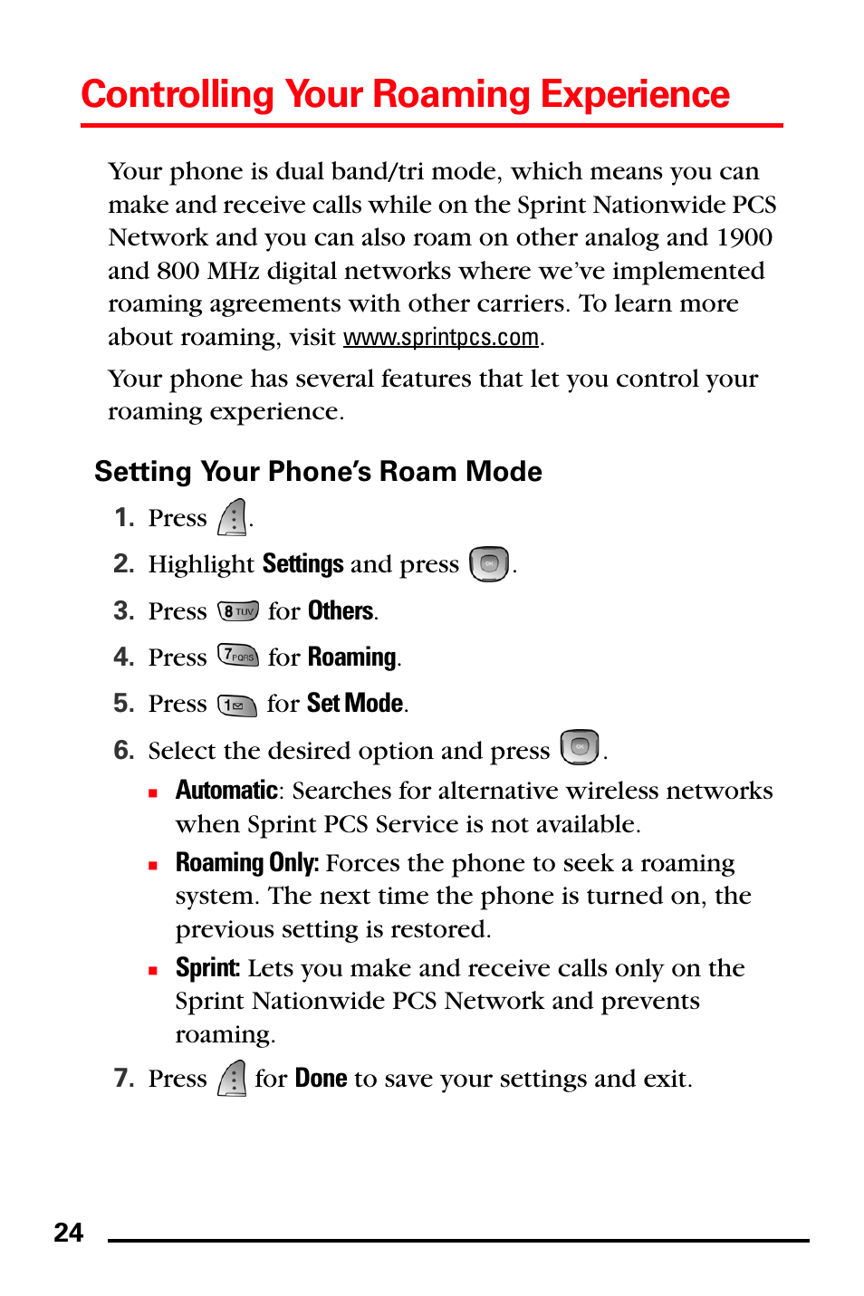 Setting your phone’s roam mode, Controlling your roaming experience | Samsung SPH-A740DSSXAR User Manual | Page 32 / 94