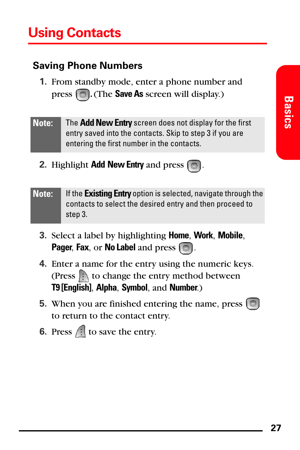 Saving phone numbers, Using contacts, Basics | Samsung SPH-A740DSSXAR User Manual | Page 35 / 94