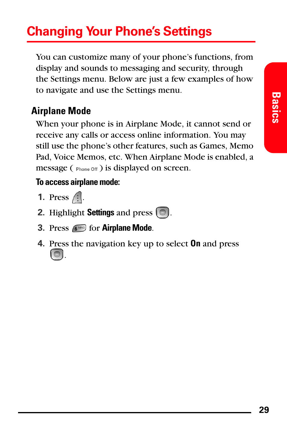 Airplane mode, Changing your phone’s settings, Basics | Samsung SPH-A740DSSXAR User Manual | Page 37 / 94