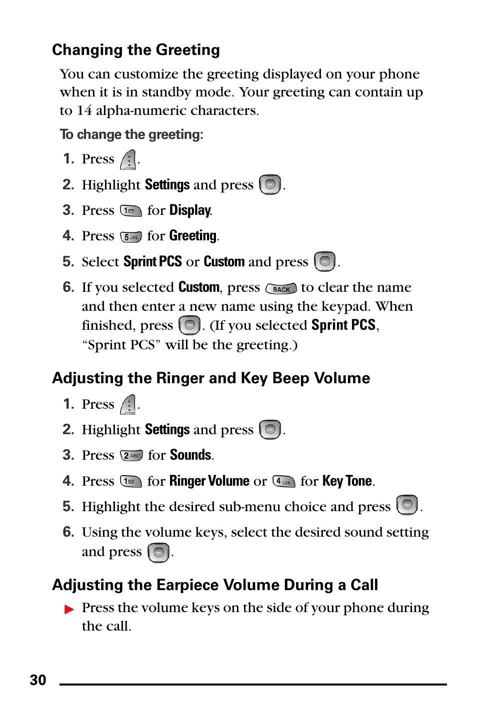 Changing the greeting, Adjusting the ringer and key beep volume, Adjusting the earpiece volume during a call | Samsung SPH-A740DSSXAR User Manual | Page 38 / 94