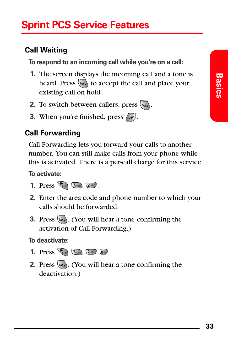 Call waiting, Call forwarding, Sprint pcs service features | Basics | Samsung SPH-A740DSSXAR User Manual | Page 41 / 94