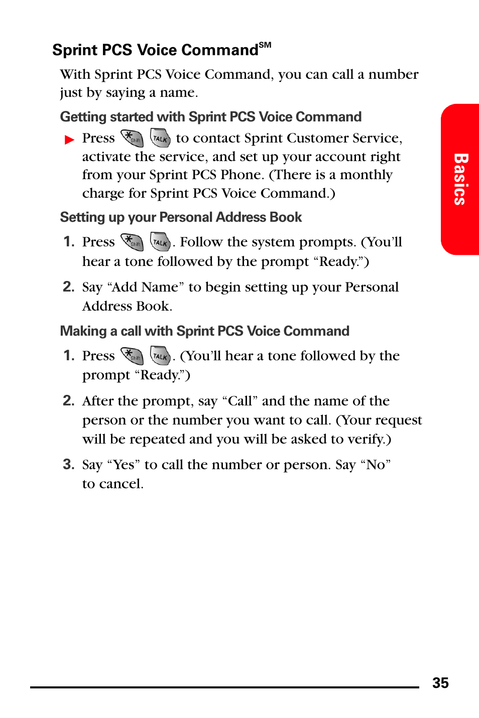 Sprint pcs voice commandsm, Sprint pcs voice command, Basics | Samsung SPH-A740DSSXAR User Manual | Page 43 / 94
