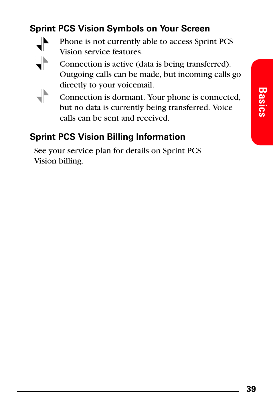 Sprint pcs vision symbols on your screen, Sprint pcs vision billing information, Basics | Samsung SPH-A740DSSXAR User Manual | Page 47 / 94