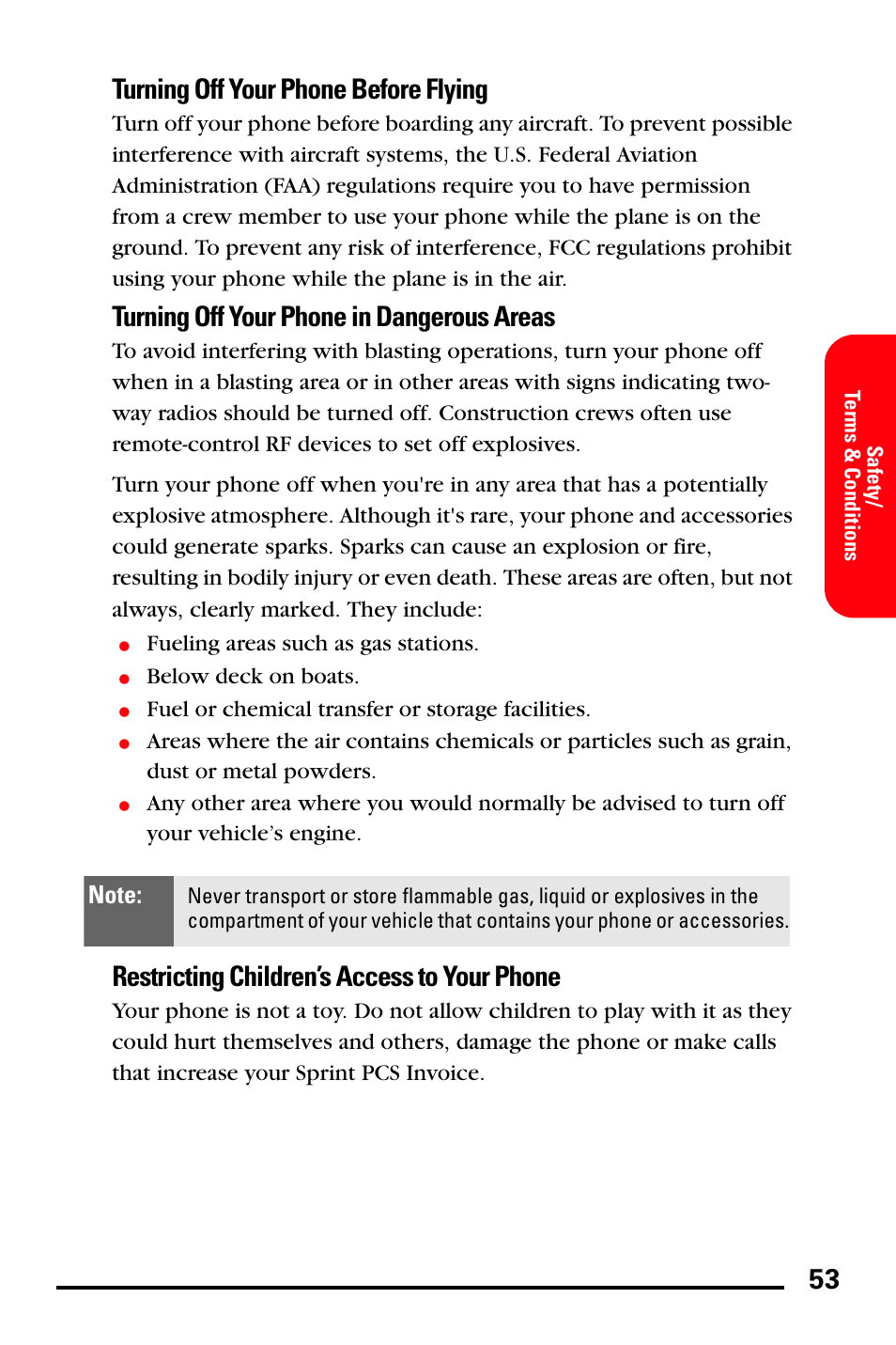 Turning off your phone before flying, Turning off your phone in dangerous areas, Restricting children’s access to your phone | Samsung SPH-A740DSSXAR User Manual | Page 61 / 94