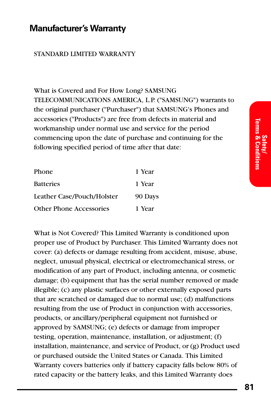 Manufacturer’s warranty | Samsung SPH-A740DSSXAR User Manual | Page 89 / 94