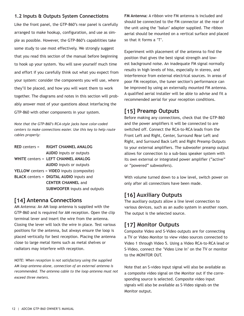 14] antenna connections, 15] preamp outputs, 16] auxiliary outputs | 17] monitor outputs | Adcom GTP-860 User Manual | Page 12 / 36