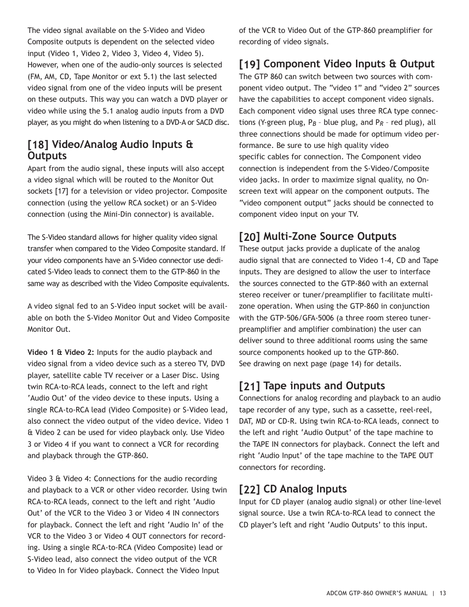 18] video/analog audio inputs & outputs, 19] component video inputs & output, 20] multi-zone source outputs | 21] tape inputs and outputs, 22] cd analog inputs | Adcom GTP-860 User Manual | Page 13 / 36