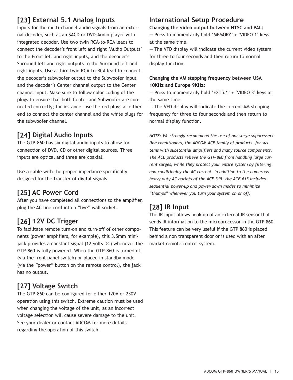 23] external 5.1 analog inputs, 24] digital audio inputs, 25] ac power cord | 26] 12v dc trigger, 27] voltage switch, International setup procedure, 28] ir input | Adcom GTP-860 User Manual | Page 15 / 36