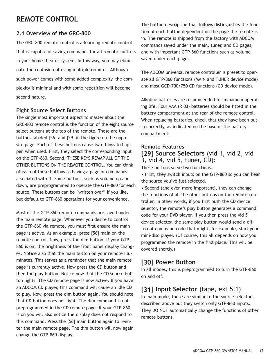 Remote control, 30] power button, 31] input selector (tape, ext 5.1) | Adcom GTP-860 User Manual | Page 17 / 36