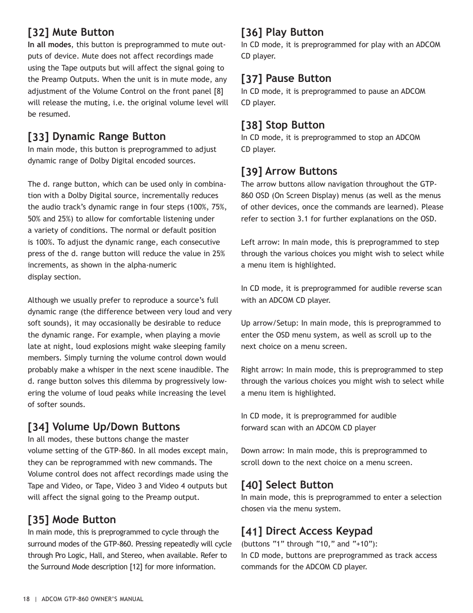 32] mute button, 33] dynamic range button, 34] volume up/down buttons | 35] mode button, 36] play button, 37] pause button, 38] stop button, 39] arrow buttons, 40] select button, 41] direct access keypad | Adcom GTP-860 User Manual | Page 18 / 36