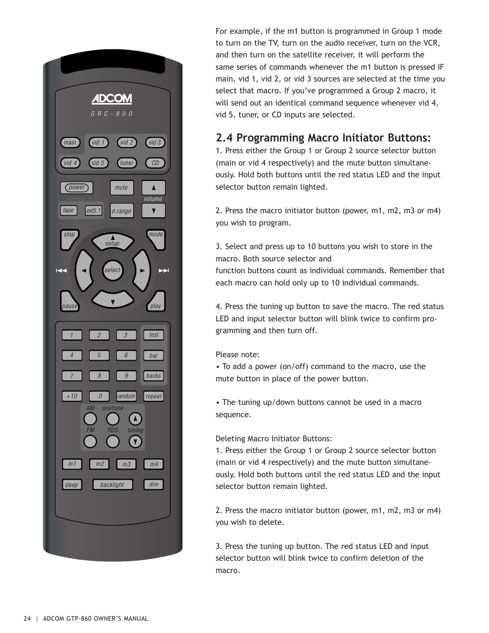 4 programming macro initiator buttons | Adcom GTP-860 User Manual | Page 24 / 36