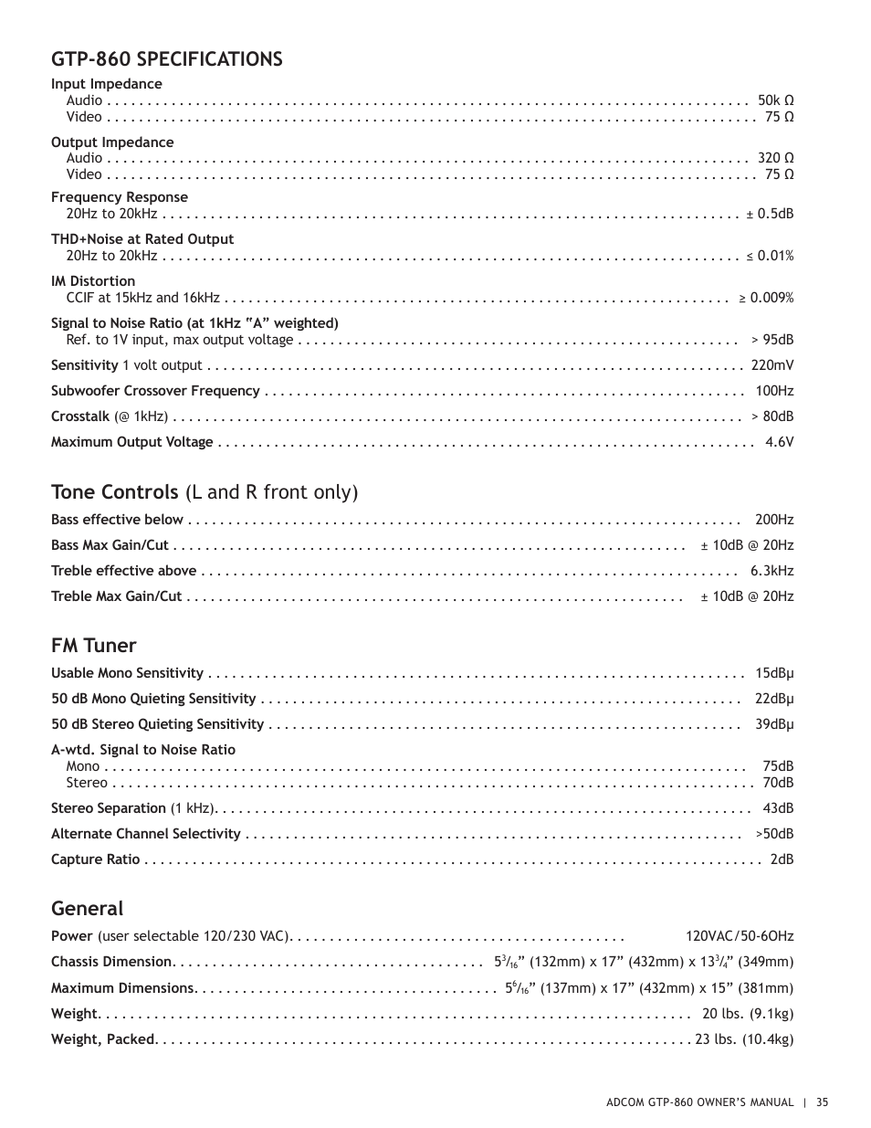 Gtp-860 specifications, Tone controls (l and r front only), Fm tuner | General | Adcom GTP-860 User Manual | Page 35 / 36