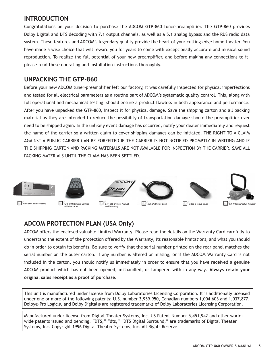 Introduction, Unpacking the gtp-860, Adcom protection plan (usa only) | Adcom GTP-860 User Manual | Page 5 / 36