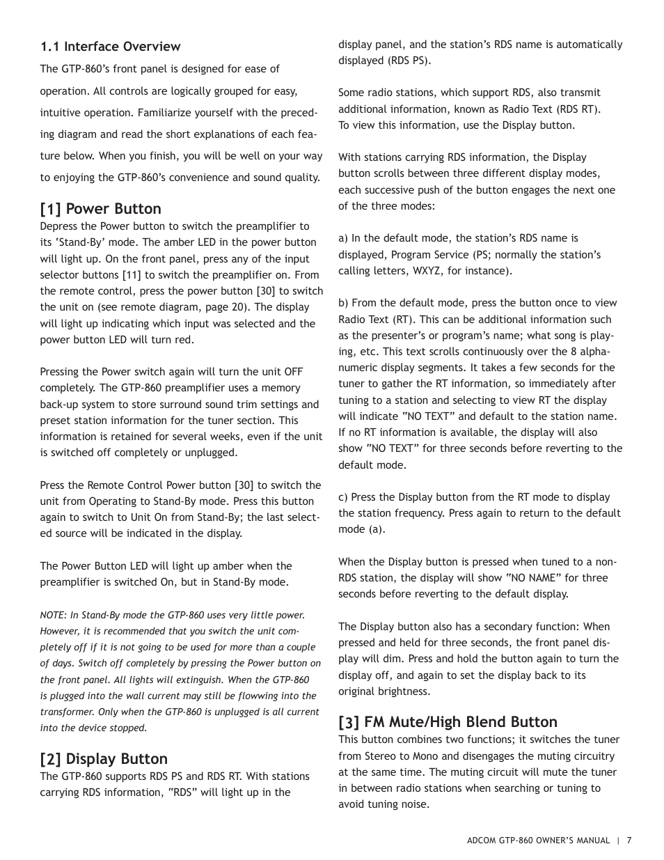 1] power button, 2] display button, 3] fm mute/high blend button | Adcom GTP-860 User Manual | Page 7 / 36