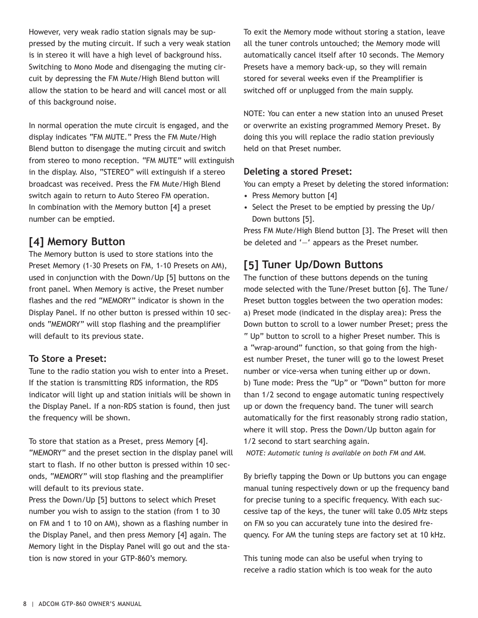 5] tuner up/down buttons | Adcom GTP-860 User Manual | Page 8 / 36