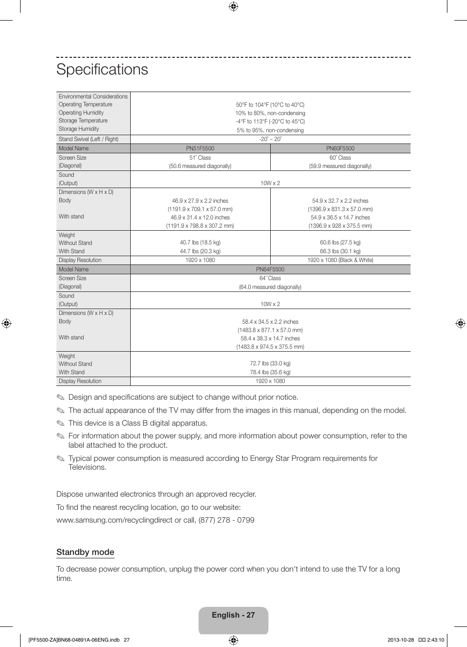 Specifications, Standby mode | Samsung PN60F5500AFXZA User Manual | Page 27 / 33