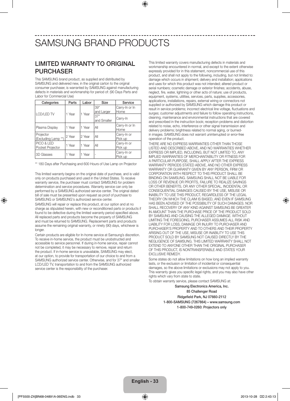 Samsung brand products, Limited warranty to original purchaser | Samsung PN60F5500AFXZA User Manual | Page 33 / 33