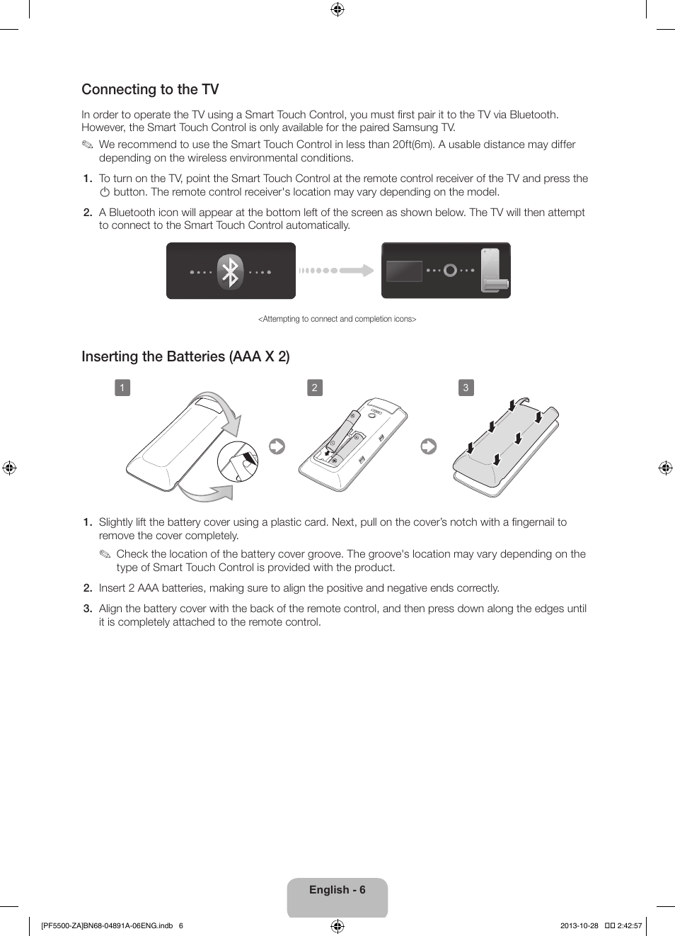 Connecting to the tv, Inserting the batteries (aaa x 2) | Samsung PN60F5500AFXZA User Manual | Page 6 / 33