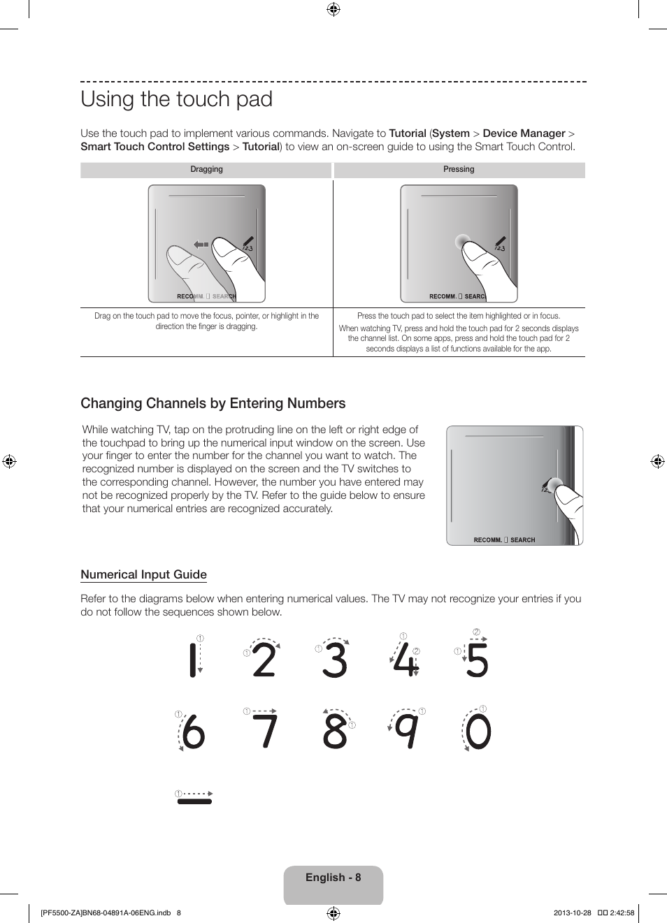 Using the touch pad, Changing channels by entering numbers | Samsung PN60F5500AFXZA User Manual | Page 8 / 33