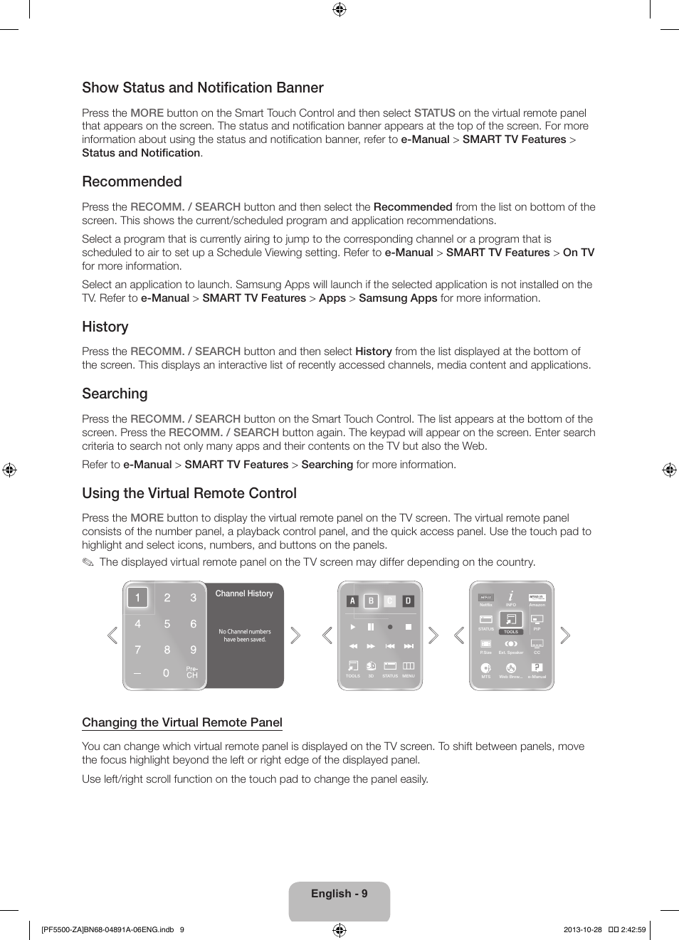 Show status and notification banner, Recommended, History | Searching, Using the virtual remote control, Changing the virtual remote panel | Samsung PN60F5500AFXZA User Manual | Page 9 / 33