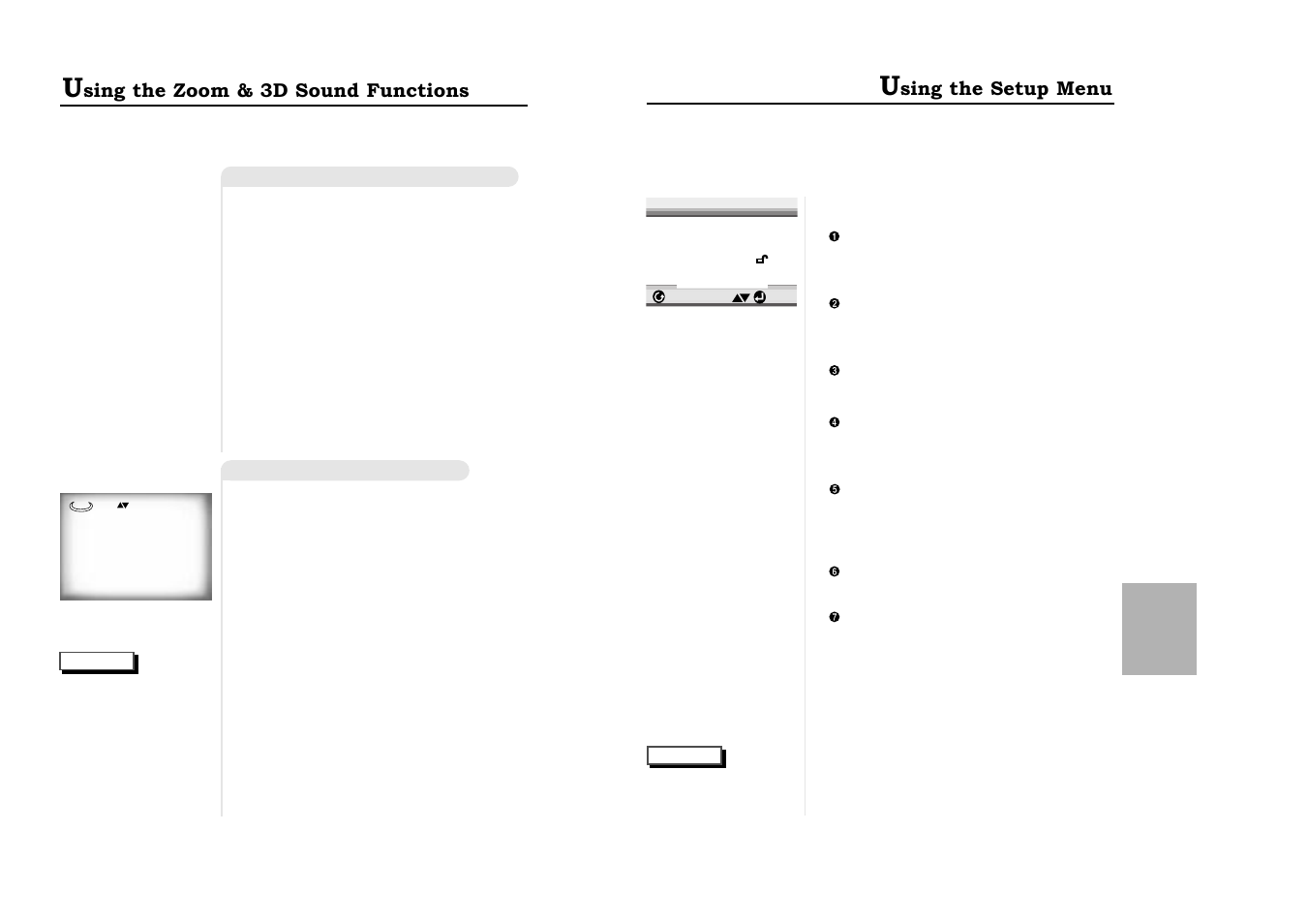 Using the zoom & 3d sound functions, Changing setup menu, Using the setup menu | Samsung DVD-511-XAA User Manual | Page 14 / 19