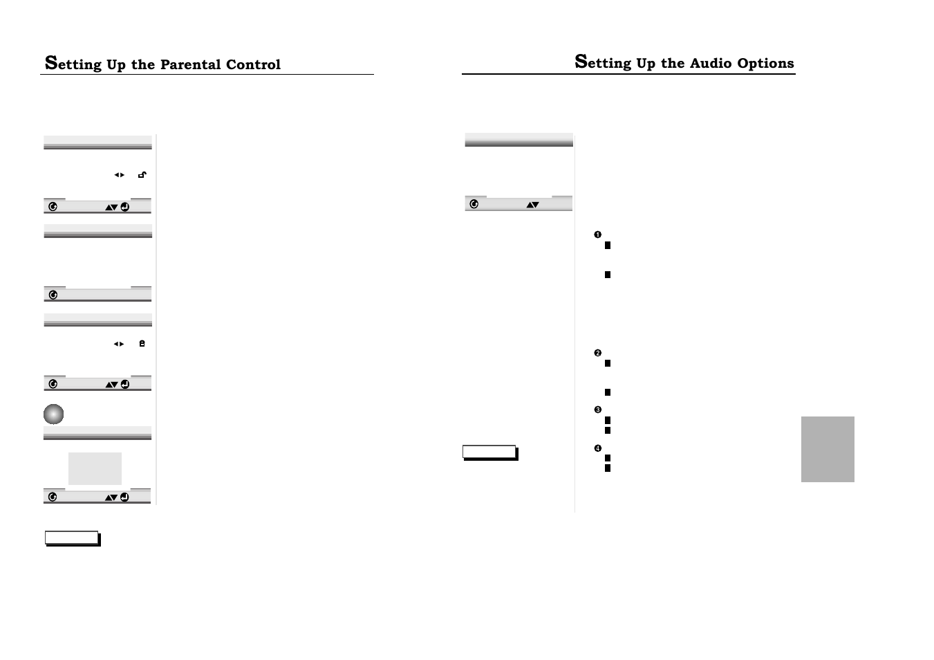 Setting up the parental control, Setting up the audio options, Etting up the audio options | Etting up the parental control | Samsung DVD-511-XAA User Manual | Page 16 / 19