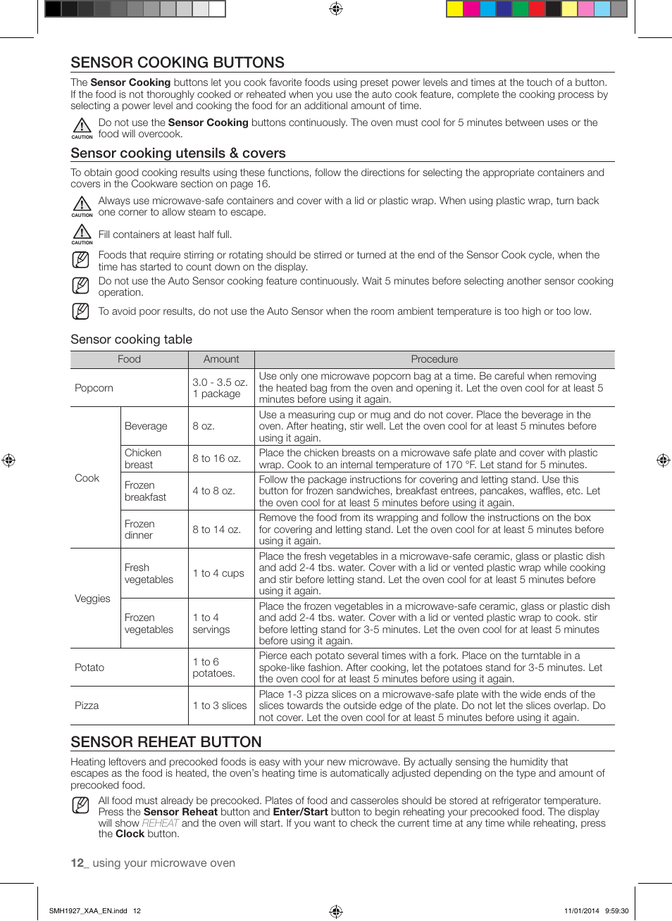 Sensor cooking buttons, Sensor reheat button, Sensor cooking utensils & covers | Sensor cooking table | Samsung SMH1927B-XAA User Manual | Page 12 / 26