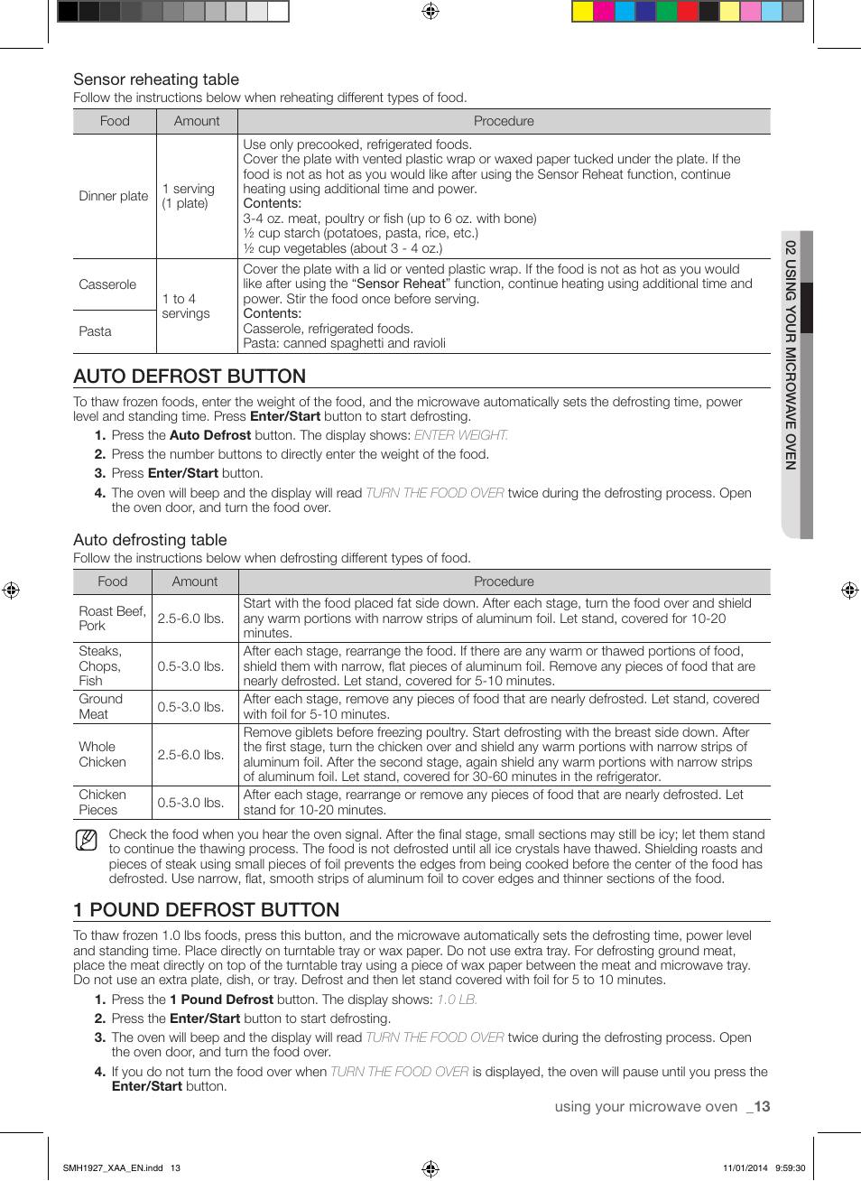 Auto defrost button, 1 pound defrost button, Sensor reheating table | Auto defrosting table | Samsung SMH1927B-XAA User Manual | Page 13 / 26