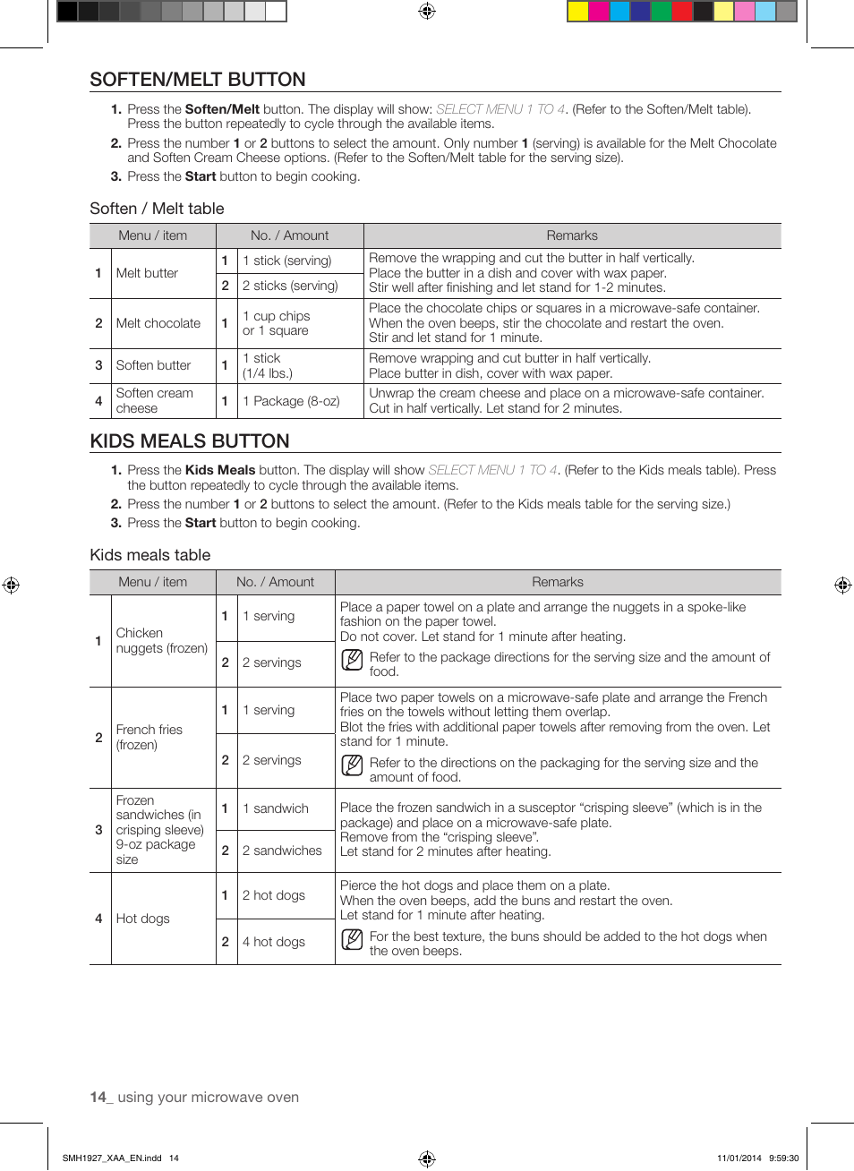 Soften/melt button, Kids meals button, Soften / melt table | Kids meals table | Samsung SMH1927B-XAA User Manual | Page 14 / 26