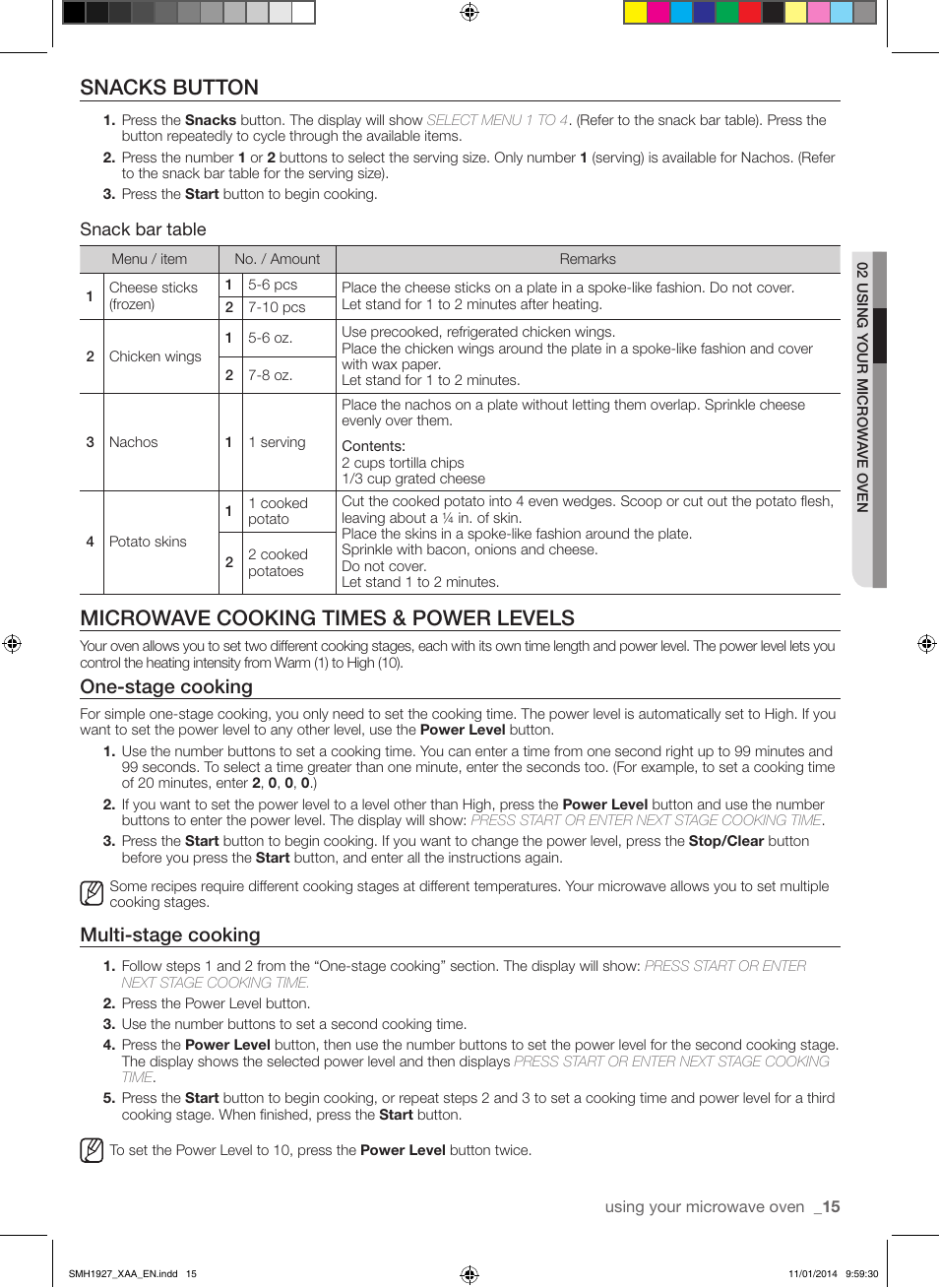 Snacks button, Microwave cooking times & power levels, One-stage cooking | Multi-stage cooking, Snack bar table | Samsung SMH1927B-XAA User Manual | Page 15 / 26