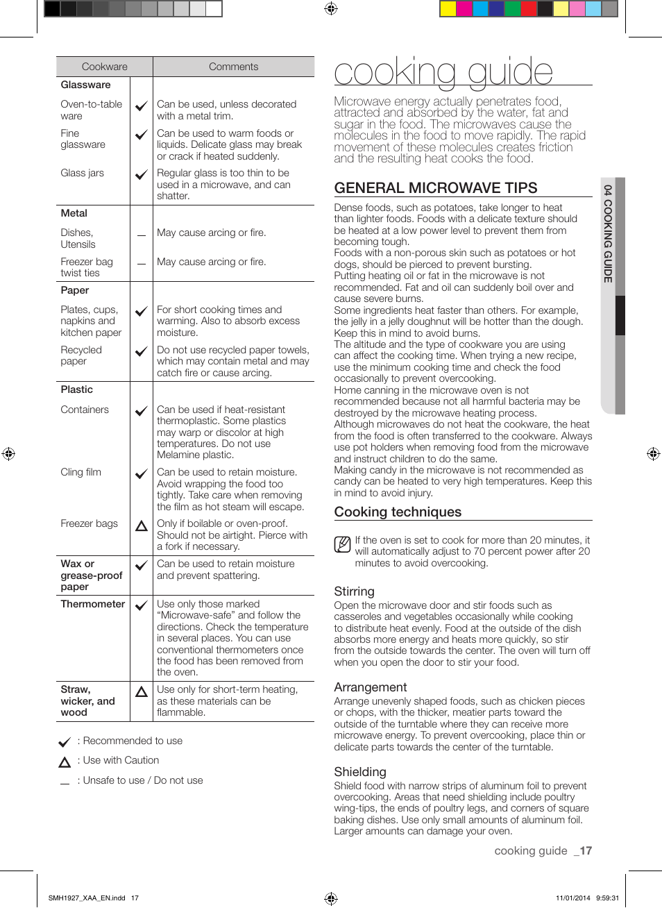 Cooking guide, General microwave tips, Cooking techniques | Samsung SMH1927B-XAA User Manual | Page 17 / 26