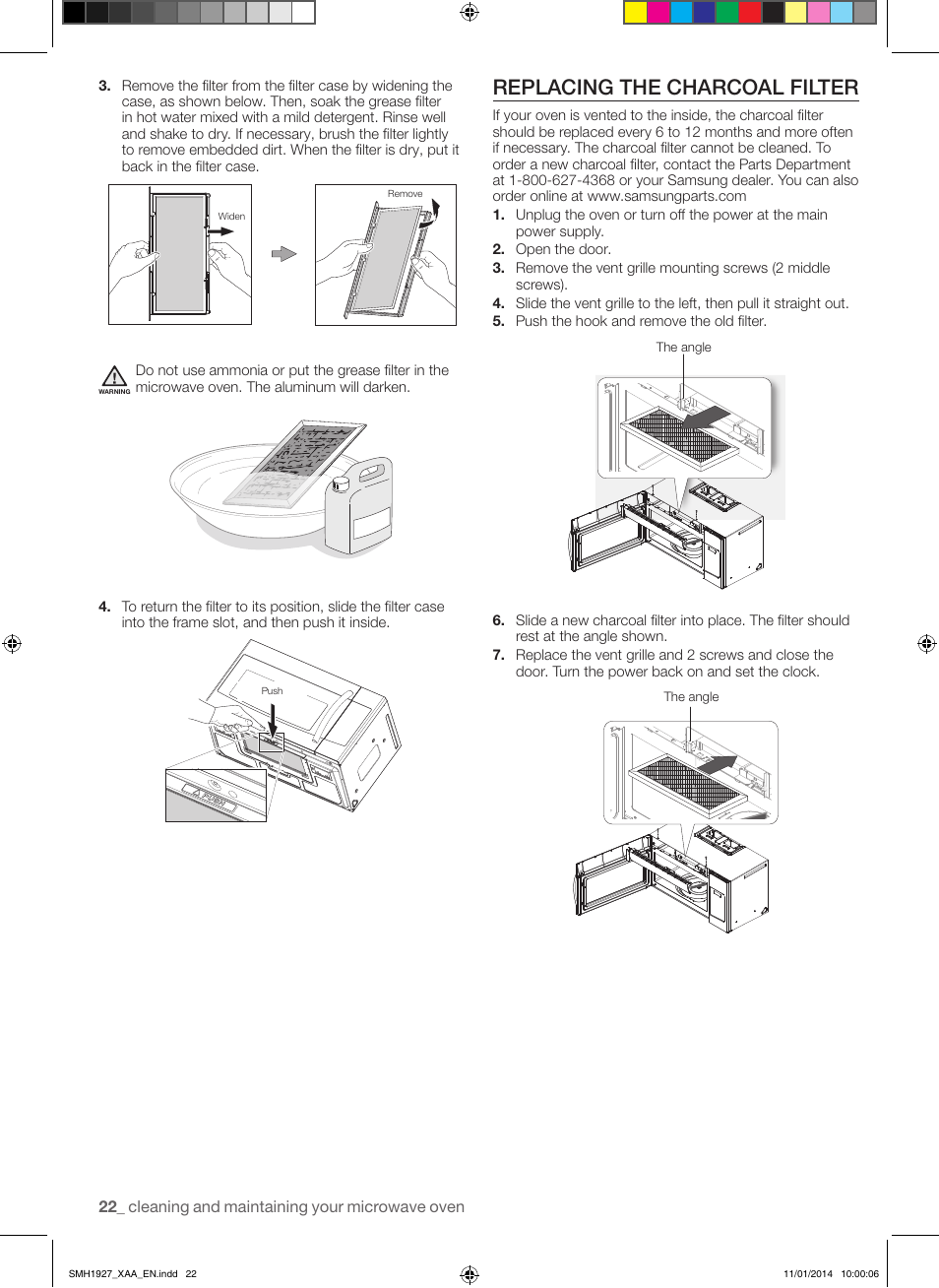 Replacing the charcoal filter | Samsung SMH1927B-XAA User Manual | Page 22 / 26
