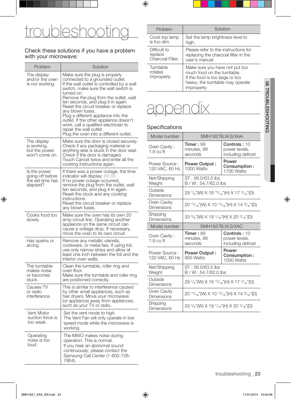 Troubleshooting, Appendix, Specifications | Samsung SMH1927B-XAA User Manual | Page 23 / 26