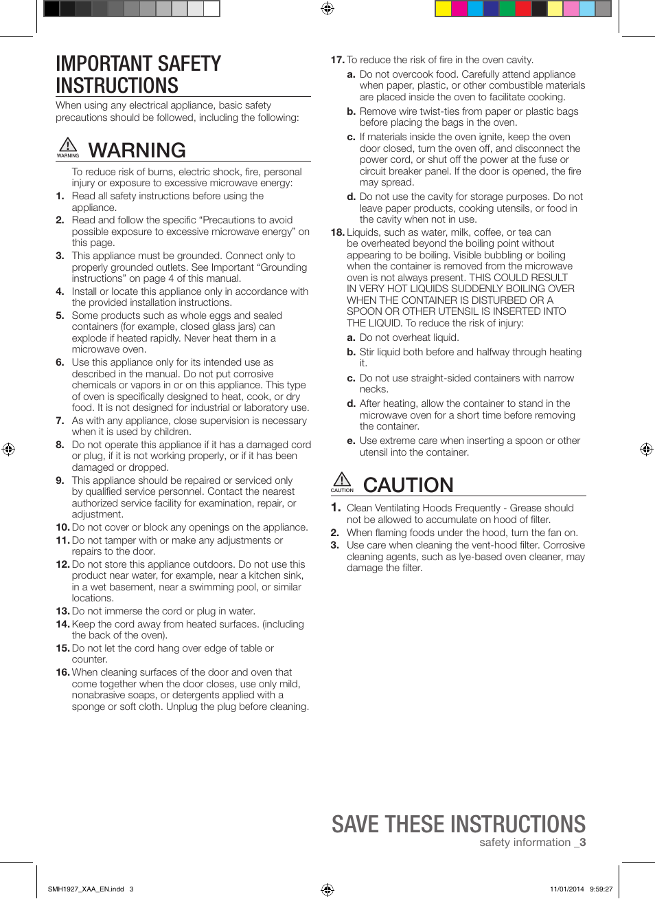 Save these instructions, Important safety instructions, Warning | Caution | Samsung SMH1927B-XAA User Manual | Page 3 / 26